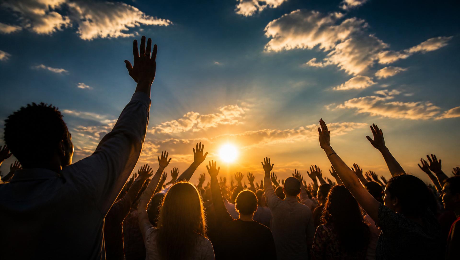 A diverse crowd worshiping at sunrise with hands raised